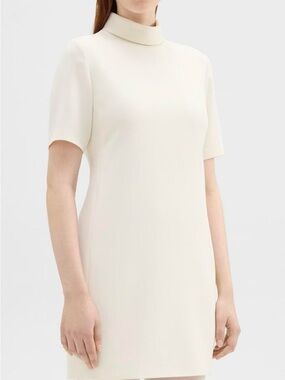 Theory Cream Short-Sleeve Mock Neck Mini Dress